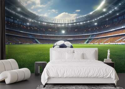 Soccer Ball in a Stadium with Lights. A classic black and white soccer ball on green grass in the center of a stadium, illuminated by spotlights Wall mural