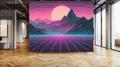 Surreal landscape with a neon grid, futuristic mountains, and a sunset in cyberpunk style. Wall mural