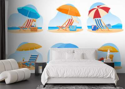 Travel and vacation concept. Set of beach umbrella and chair. Relaxing on the beach. Vector illustration Wall mural