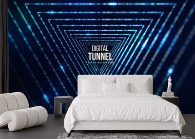 Triangle portal with light effects. Neon particles tunnel. Abstract technology background. Vector illustration. Wall mural