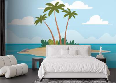 Tropical island in the ocean sea. Exotic natural landscape. Summer vacation. Vector illustration Wall mural