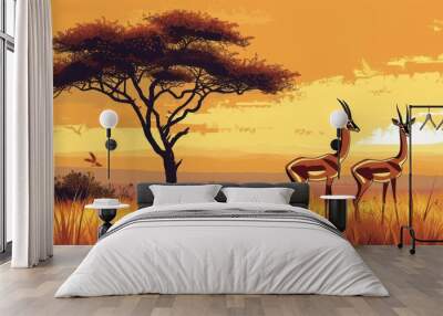 two giraffes standing in a field with a tree in the foreground and a bird in the background. Wall mural