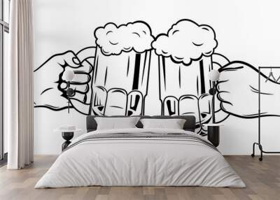 Two glasses of beer. Black and white illustration for oktoberfest or beer festival. Two hands with glasses of beer. Wall mural