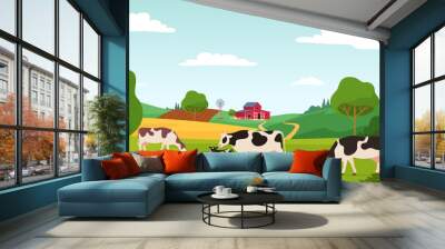 Various village farm animals. Domesticated cattle graze in a field on a farm background. Vector illustration Wall mural