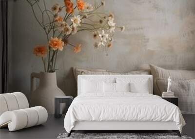 Vase with flowers on the bed. Interior design. Cozy home. Wall mural