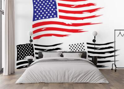 Vector USA grunge flag, painted american symbol of freedom. Set of black and white and colored flags of the united states of america. Wall mural