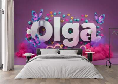 Bright creative space with letters and the word Olga, light letters, neon light, decoration elements Wall mural