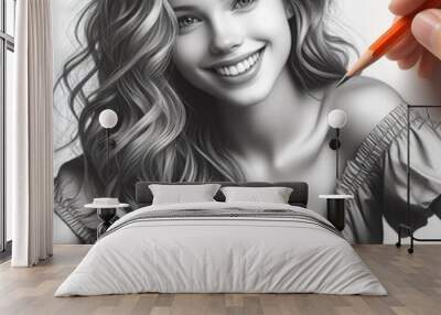 Simple black and white drawing of a girl with long hair who is smiling, white background Wall mural