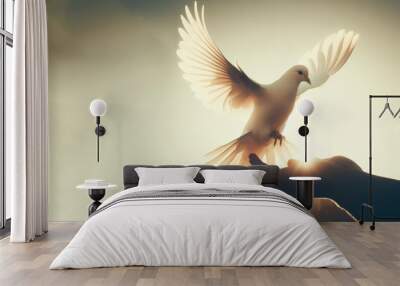 White dove in hand for peace or freedom symbol. ai generative Wall mural