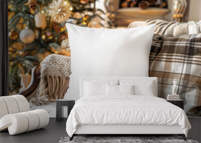 White Pillow Mockup on a Couch by a Christmas Tree Wall mural