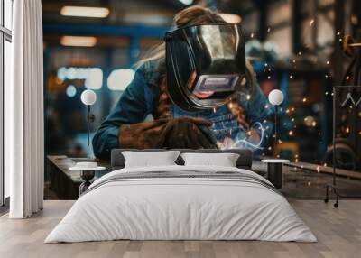 Woman in welding helmet working on piece of metal in workshop Wall mural