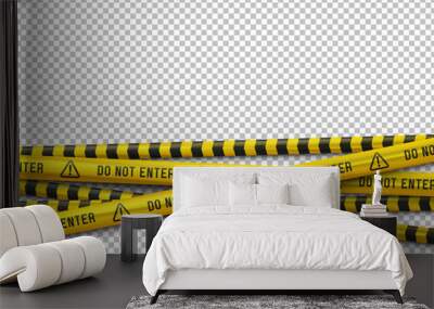 Yellow caution tapes. Security line on a transparent background. Crime scene barrier tape. Vector illustration. Wall mural