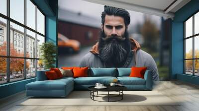 young handsome bearded hipster man with long beard and moustache in urban background Wall mural