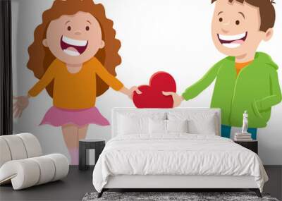 cartoon girl and boy characters on Valentines Day Wall mural