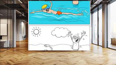 cartoon swimming boys characters group coloring book page Wall mural