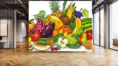 fruits and vegetables group cartoon illustration Wall mural