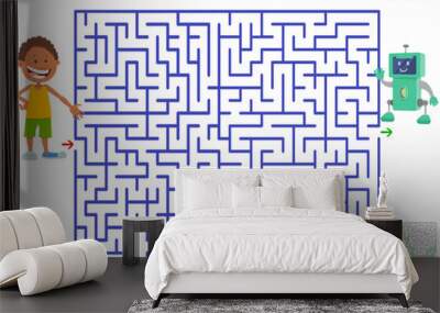 maze game with cartoon boy and toy robot Wall mural