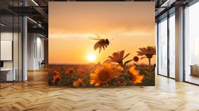 Bee on yellow flowers in the meadow at sunset. Nature background Wall mural