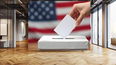 Close-up of a hand putting a ballot in a box against the american flag. USA voting concept. Generative AI Wall mural