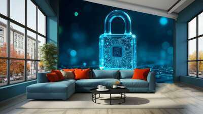 Cyber security and information protection concept. Glowing padlock on dark digital background. Wall mural