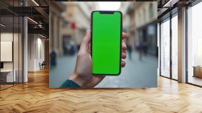 Hand holding smartphone with green screen on blurred background of street. Wall mural