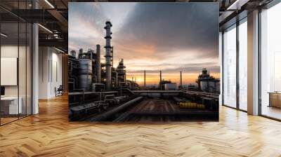 Industrial petrochemical power plant with smoking chimneys at sunset. Industrial background, oil and gas refinery at twilight. Wall mural