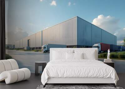 Modern industrial large warehouse with blue sky and clouds in the background. Industrial concept	 Wall mural