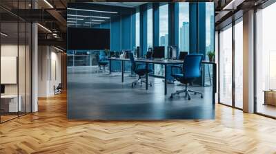 Office interior with panoramic windows and city view. Workplace and technology concept Wall mural