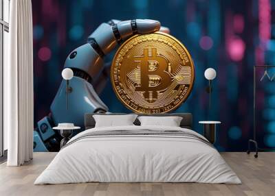 Robot hand holding golden bitcoin coin on background with binary code. Cryptocurrency concept. Generative AI Wall mural