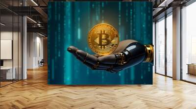 Robot hand holding golden bitcoin coin on background with binary code. Cryptocurrency concept. Generative AI Wall mural