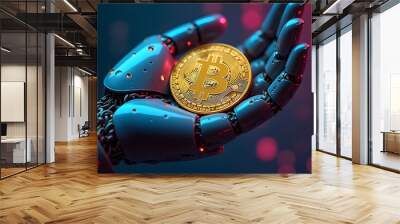 Robot hand holding golden bitcoin coin on background with binary code. Cryptocurrency concept. Generative AI Wall mural