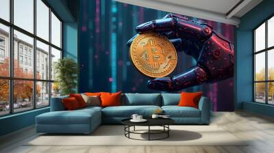 Robot hand holding golden bitcoin coin on background with binary code. Cryptocurrency concept. Generative AI Wall mural