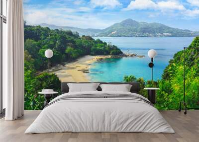 Picturesque view of Andaman sea in Phuket island, Thailand. View through the jungle on the beautiful bay and mountains. Tropical beach Laem Singh. Wall mural