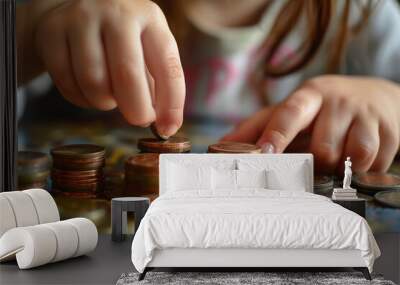 child holding and stacking up coins, close up on money, kid learning about finance and economy, children saving up concept, coin stacks Wall mural