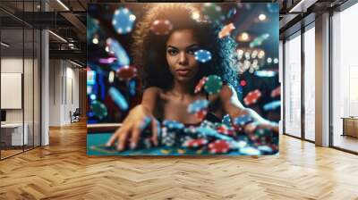 young hispanic woman sitting at casino table with many poker chips flying around, latin female gambling and winning, looking confident and attractive, gamble establishment concept Wall mural