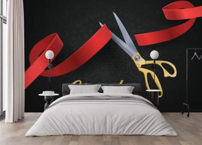 Grand opening illustration with red ribbon and gold scissors isolated on black. Wall mural