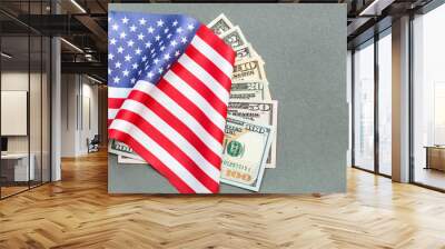 American flag with american money on the grey background. Wall mural