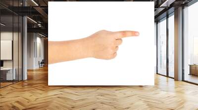 Child's hand pointing to something. Isolated on white. Wall mural