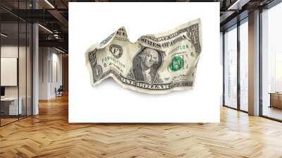 Crumpled one dollar bill on white. Wall mural