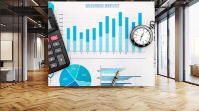 Financial graphs with calculator, pocket watch and money on the table. Wall mural