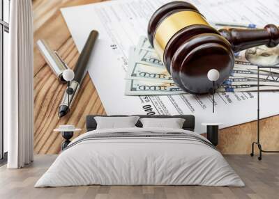 Gavel with tax form and money on the table. Wall mural