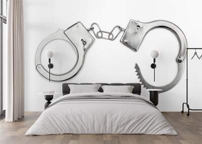 Opened handcuffs  on white background. Top view. Wall mural