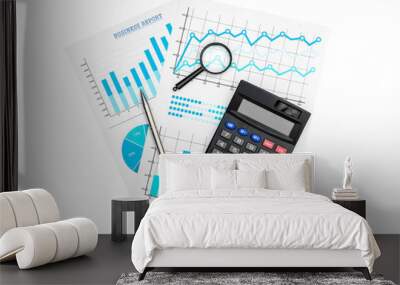 Paper financial graphs and charts with calculator, magnifying glass and pen isolated on white. Wall mural