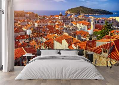 Panorama Dubrovnik Old Town roofs at sunset. Europe, Croatia Wall mural