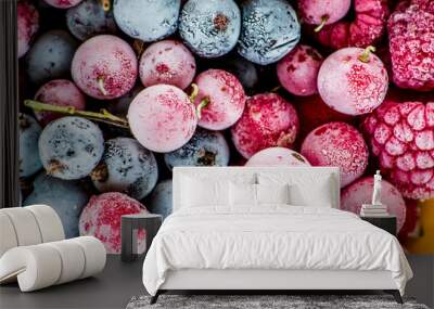 frozen berries, black currant, red currant, raspberry, blueberry. top view. macro Wall mural