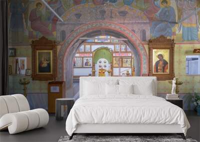 Archway to iconostasis through halls of worship in church Wall mural