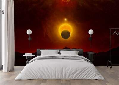 apocalyptic dramatic image, doomsday event concept. glowing full moon and planet nibiru in dark red  Wall mural