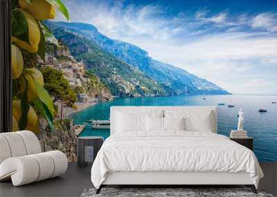 Beautiful Positano with comfortable beaches and blue sea on Amalfi Coast in Campania, Italy. Wall mural