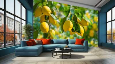 Bunches of fresh yellow ripe lemons on lemon tree branches in Italian garden  Wall mural