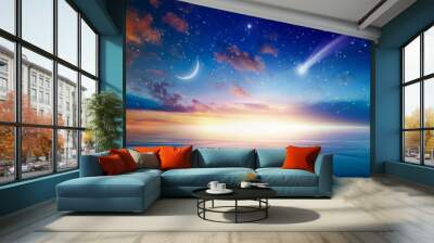 Falling comet, rising crescent moon and stars Wall mural